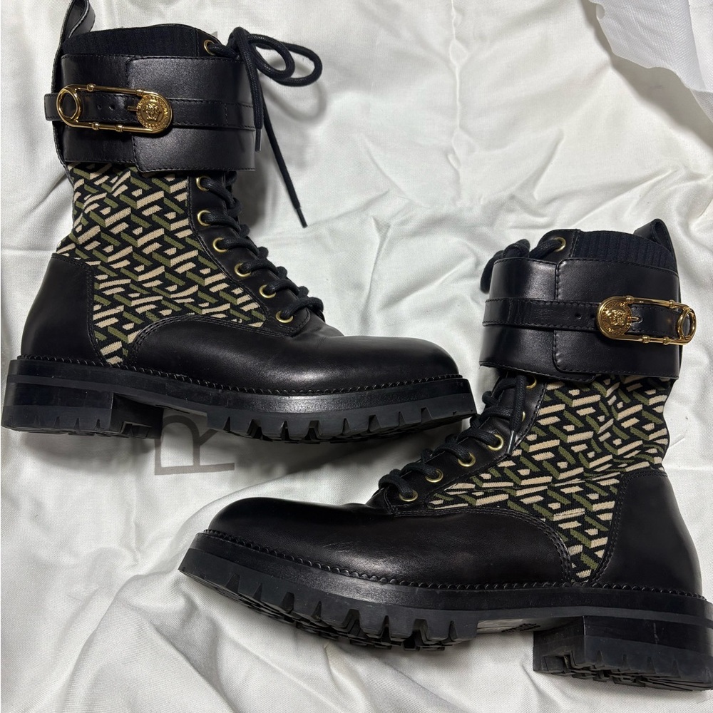 Versace Black and Gold safety pin Combat Boots. Size 38. (READ)
